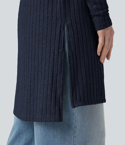 Ribbed Knit Long Sleeve Split Casual Cardigan
