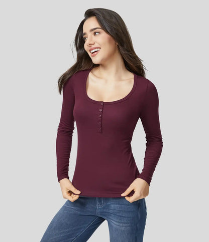 Ribbed Henley Neck Long Sleeve Slim Casual T-Shirt