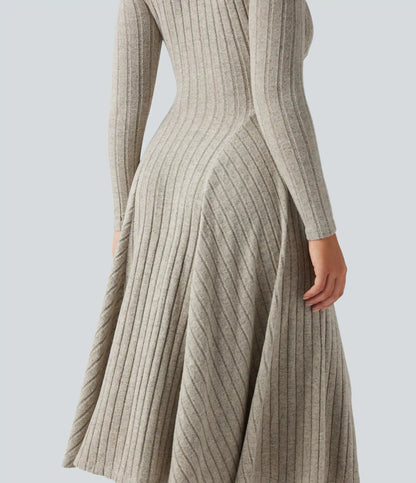 Ribbed Knit V Neck Long Sleeve Flare Midi Casual Dress