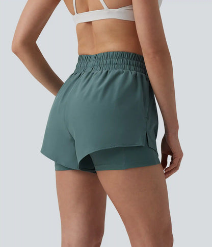 High Waisted Drawstring 2-in-1 Running Shorts with Pockets