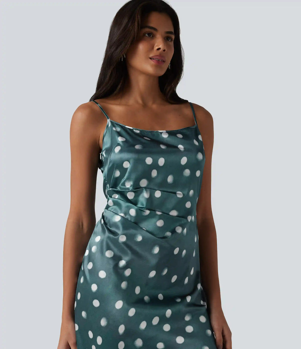 Invisible Zipper Ruched Tie-back Polka Dot Satin Maxi Bridesmaid And Wedding Guest Slip Dress