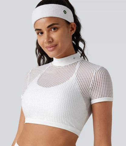 Mock Neck Short Sleeve Eyelet Cropped Running Sports Top-No Sports Bra Included