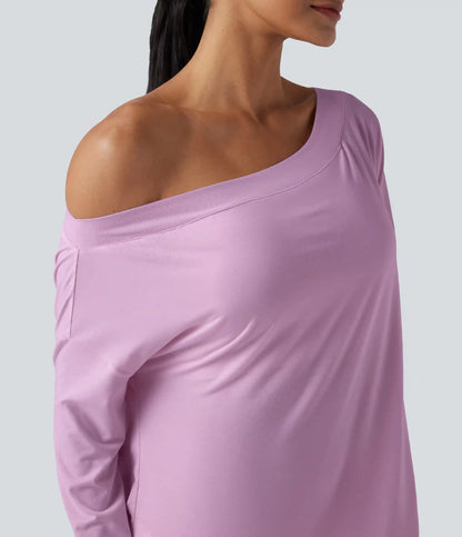 One Shoulder Long Sleeve Thumb Hole Curved Hem High Low Quick Dry Yoga Sports Top-Built-in Bra