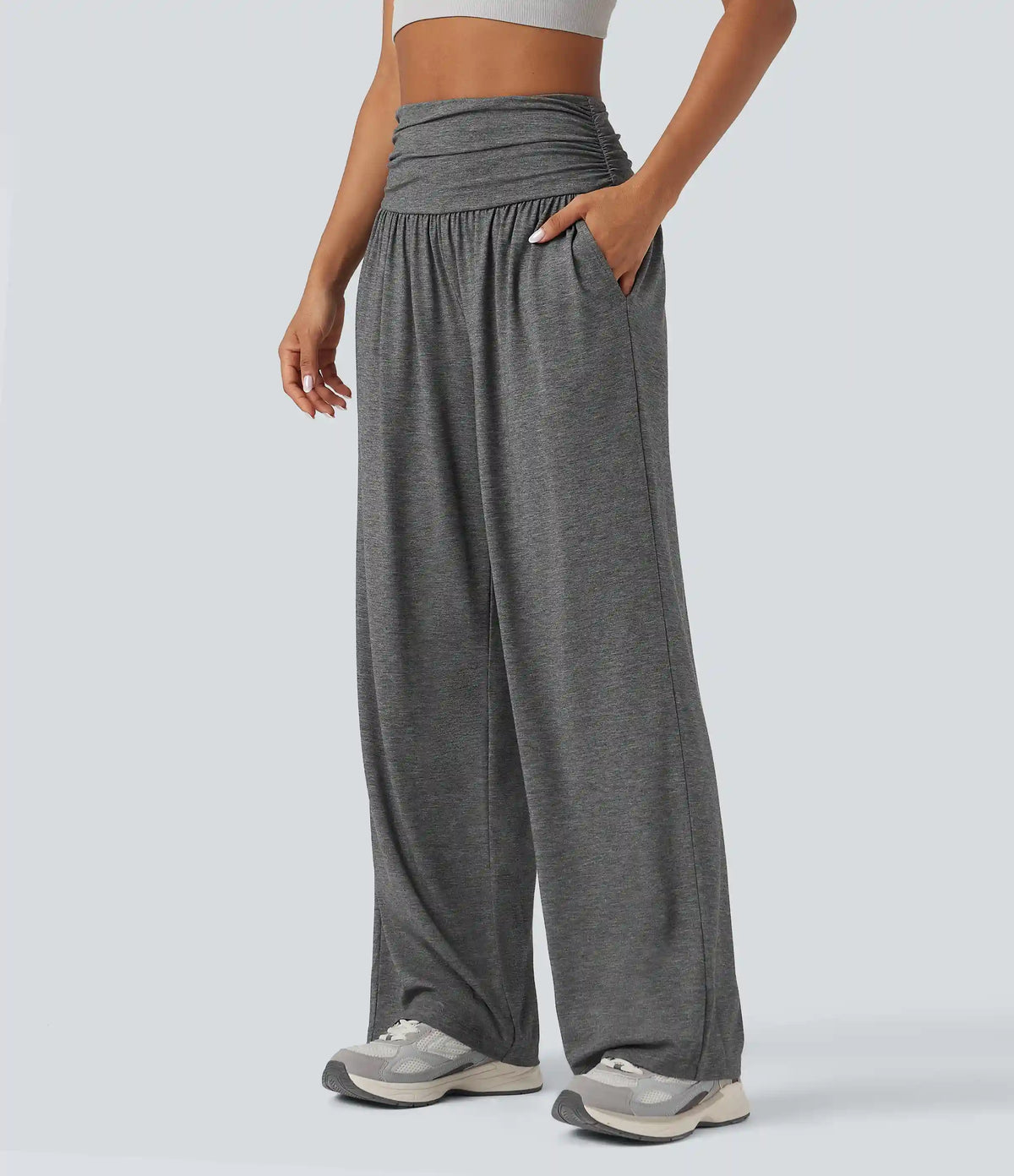 High Waisted Ruched Heathered Yoga Baggy Pants with Pockets