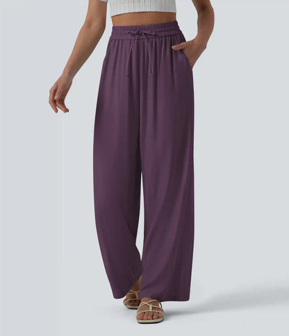 High Waisted Drawstring Wide Leg Casual Linen-Blend Pants with Pockets