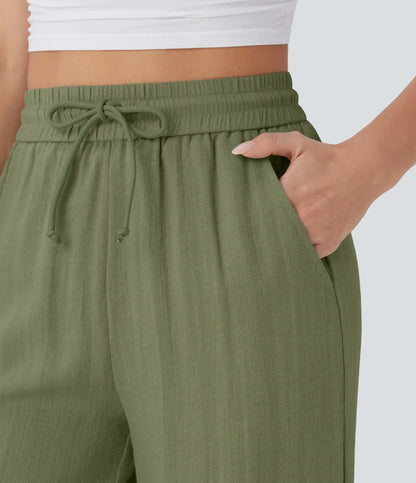 High Waisted Drawstring Pocket Wide Leg Baggy Casual Linen-Feel Pants