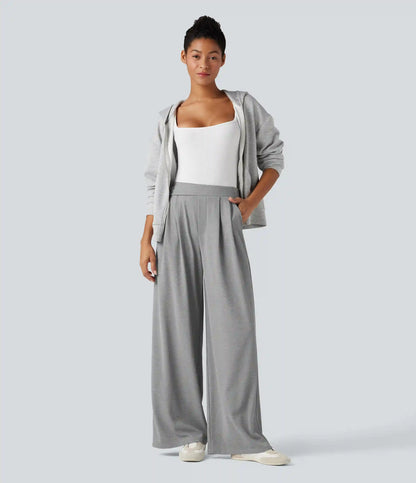 High Waisted Pocket Wide Leg Baggy Waffle Casual Pants