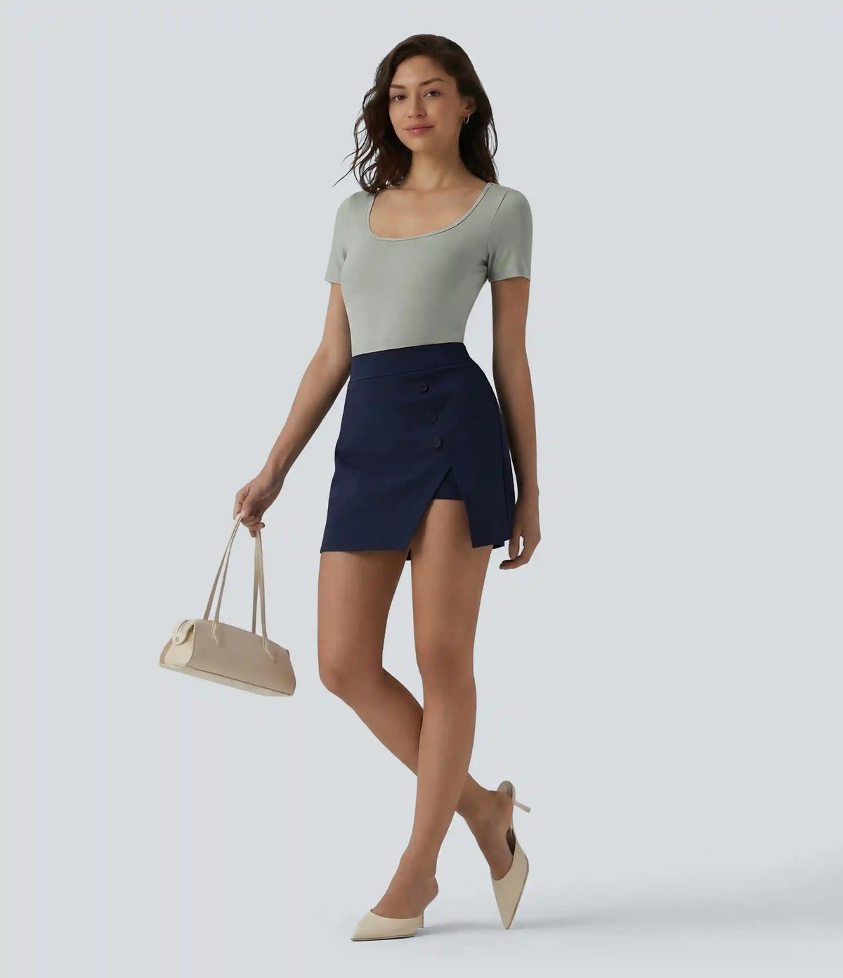 U Neck Short Sleeve Snap Skinny Work Bodysuit