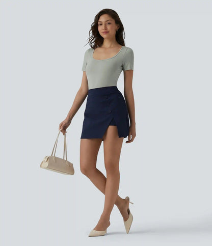 U Neck Short Sleeve Snap Skinny Work Bodysuit