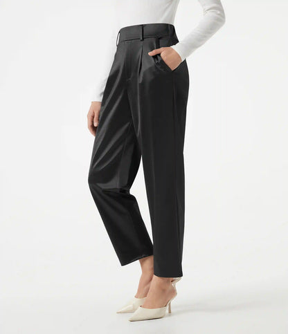 High Waisted Tapered Satin Work Pants with Pockets