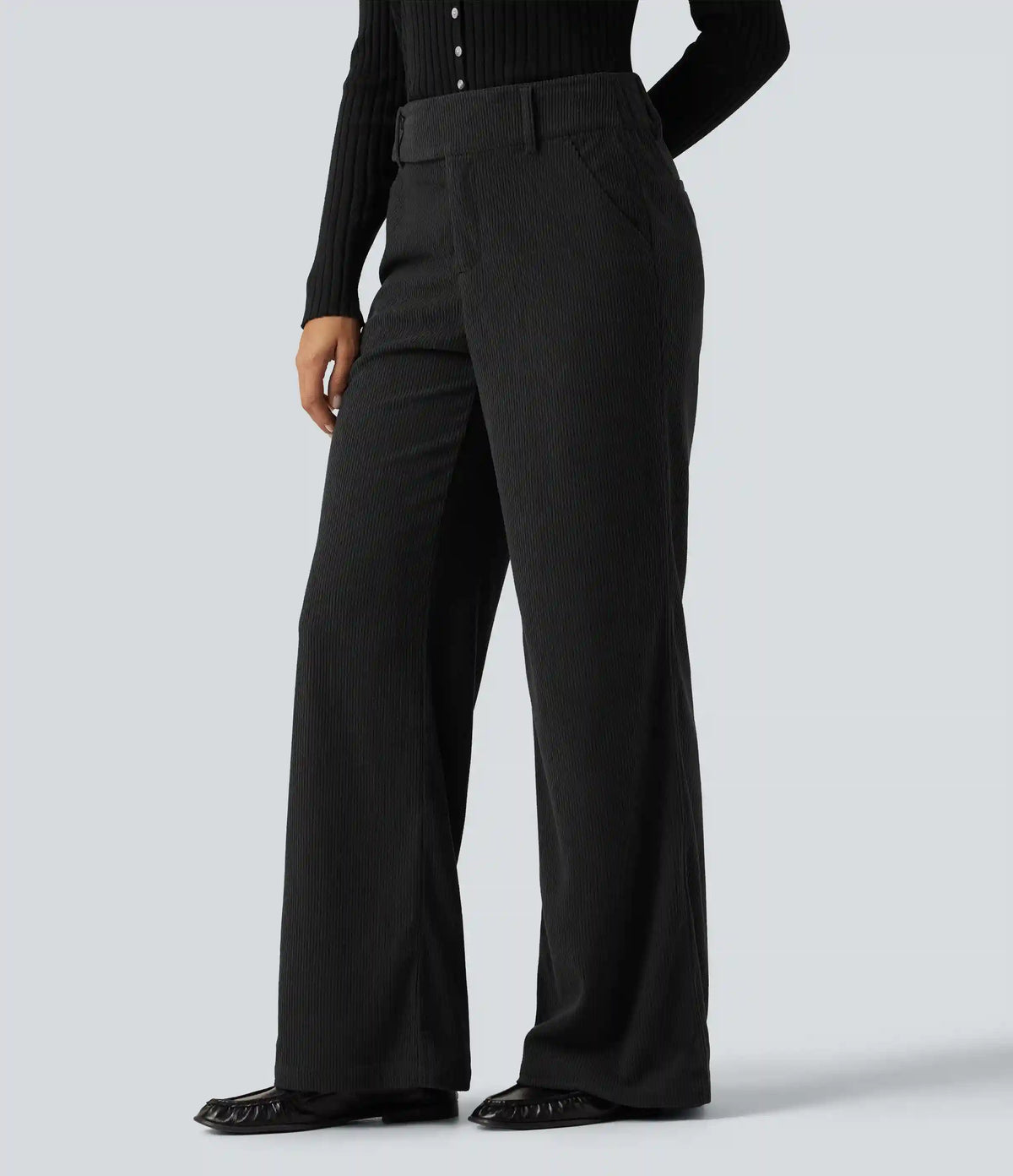 Mid Rise Corduroy Bootcut Casual Pants with Pockets