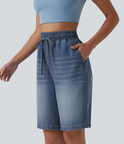 High Waisted Drawstring Denim Casual Bermuda Shorts 9'' with Pockets