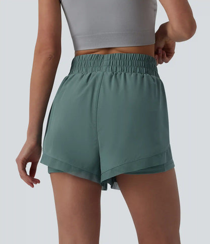 High Waisted Contrast Mesh 2-in-1 Running Shorts with Pockets
