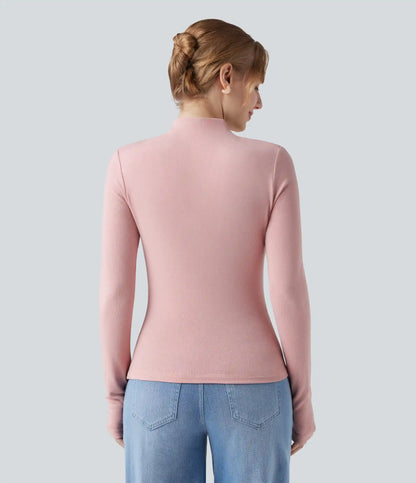 Mock-neck Long Sleeve Ruched Asymmetric Hem Thermal Casual Top