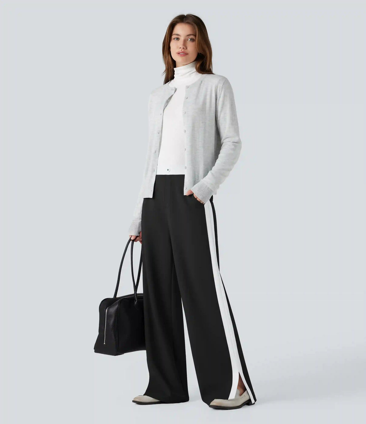 Mid Rise Color Block Split Work Straight Leg Pants with Pockets
