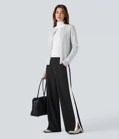 Mid Rise Color Block Split Work Straight Leg Pants with Pockets
