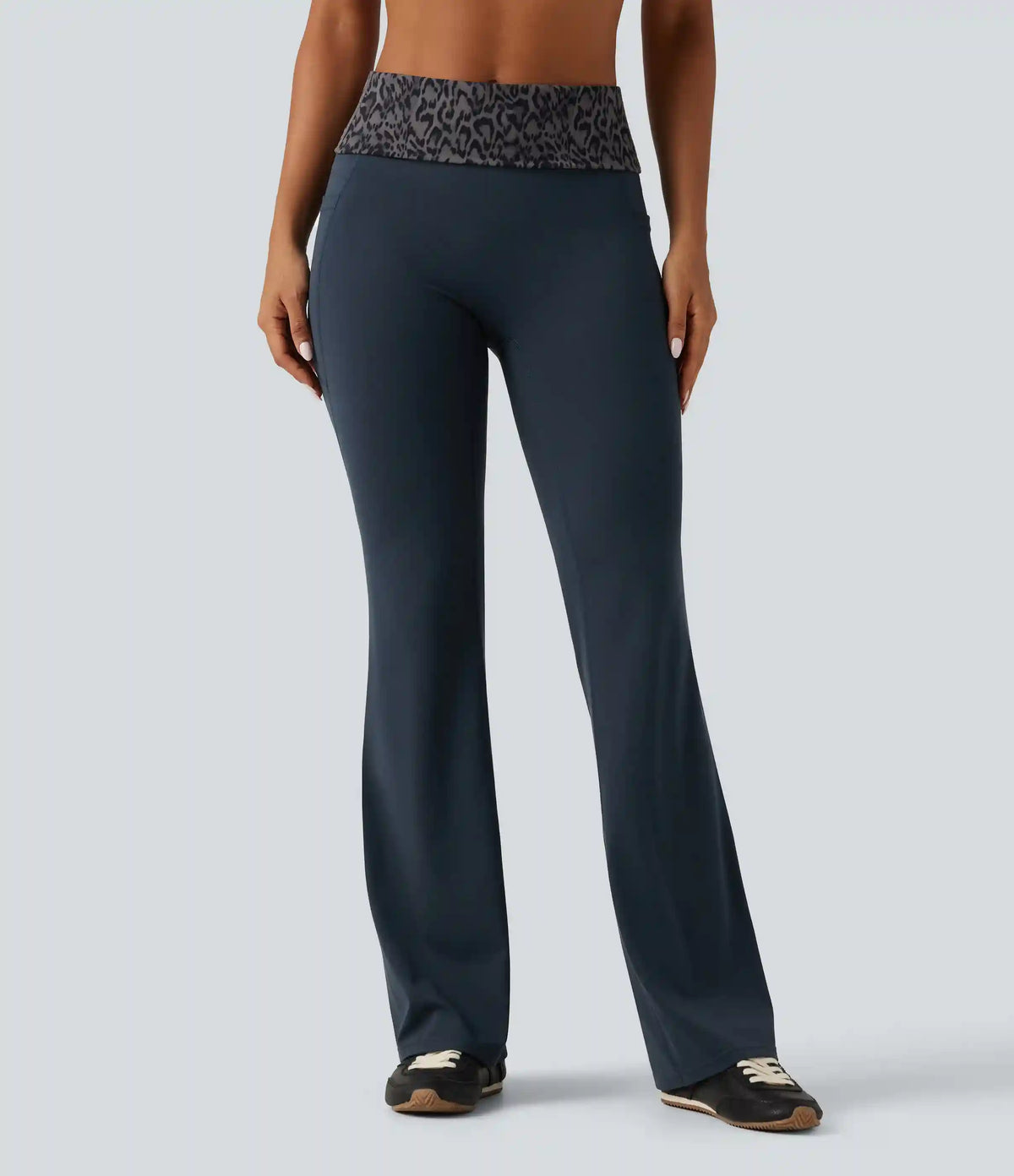 Halara UltraSculpt™ Mid Rise Foldover Tummy Control Leopard Print Flare Yoga Leggings with Pockets
