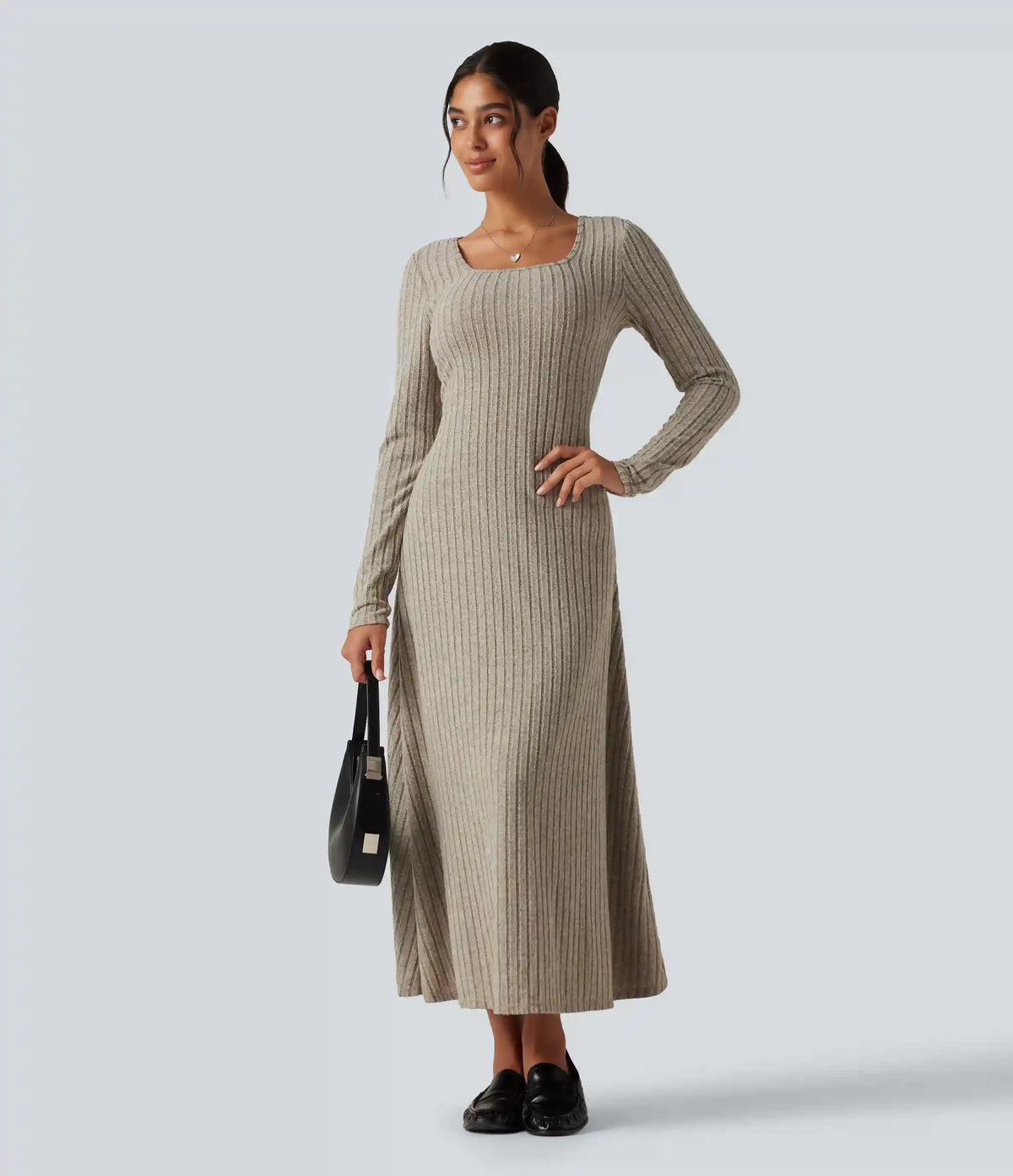Ribbed Knit U Neck Long Sleeve Midi Casual Dress