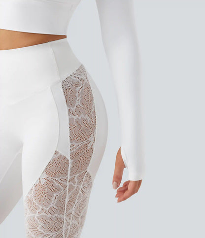 SoftlyZero™ Push-Up Long Sleeve Thumb Hole Contrast Lace Cropped Yoga Sports Top