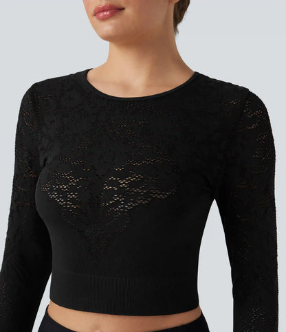 OneForm Seamless Flow Round Neck Long Sleeve Cut Out Cropped Yoga Sports Top
