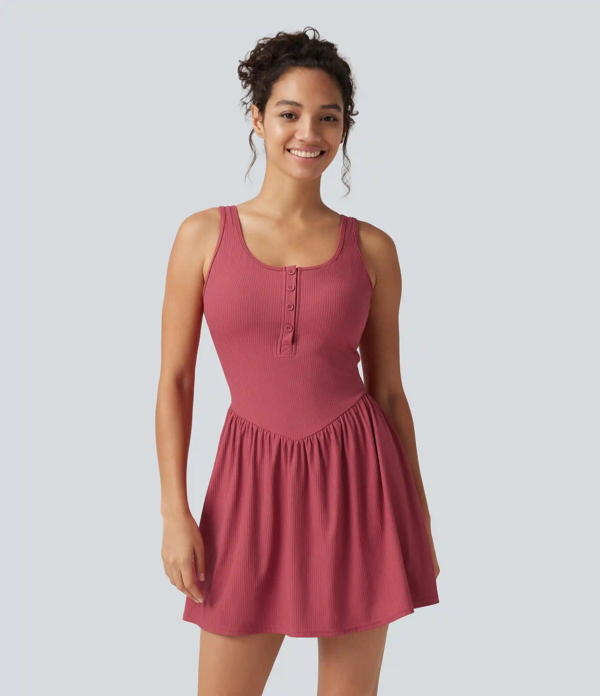 Ribbed Henley Neck Built-in Bra 2-in-1 Mini Tennis Active Tank Dress with Pockets-Easy Peezy Edition