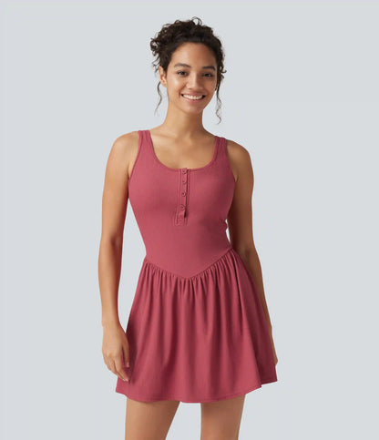 Ribbed Henley Neck Built-in Bra 2-in-1 Mini Tennis Active Tank Dress with Pockets-Easy Peezy Edition