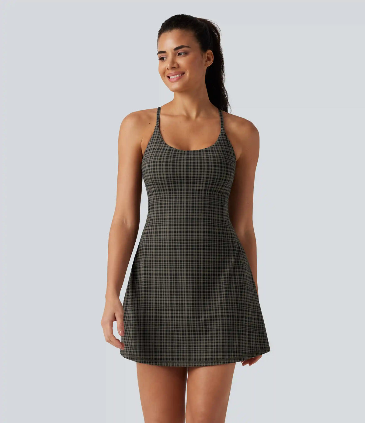 Halara UltraSculpt™ Plaid Print Built-in Bra 2-in-1 Mini Dance Active Dress with Pockets-Easy Peezy Edition