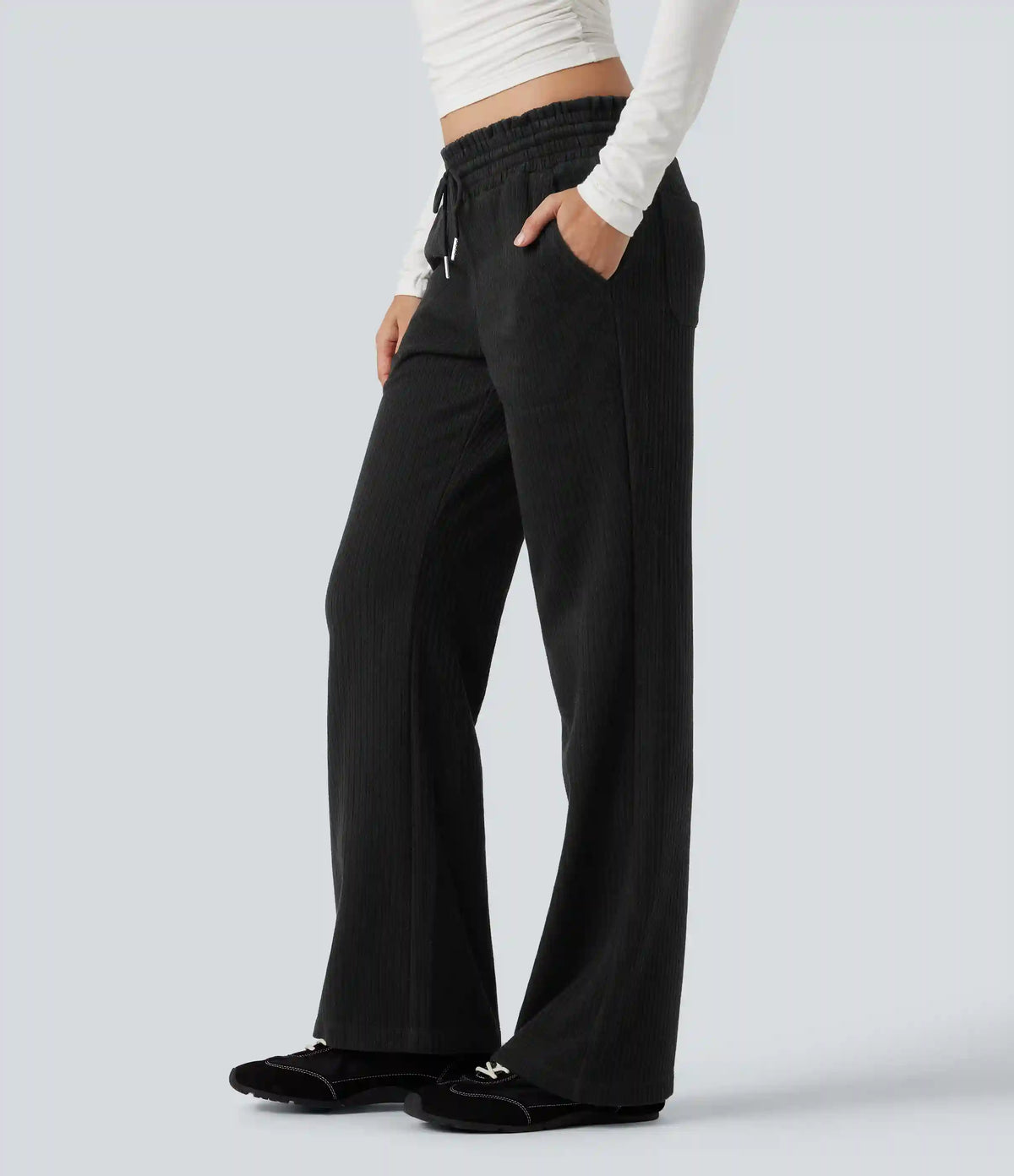 Ribbed Knit Low Rise Drawstring Casual Bootcut Pants with Pockets
