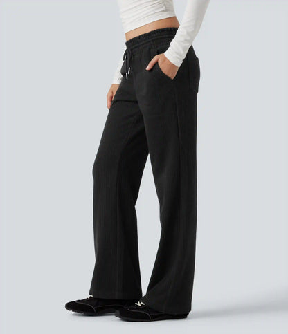 Ribbed Knit Low Rise Drawstring Casual Bootcut Pants with Pockets
