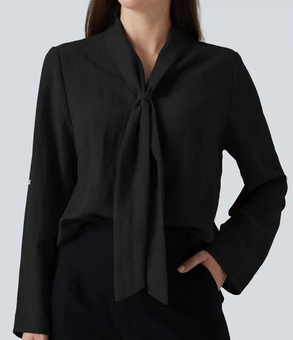 V Neck Long Sleeve Linen-Feel Work Tie Blouse
