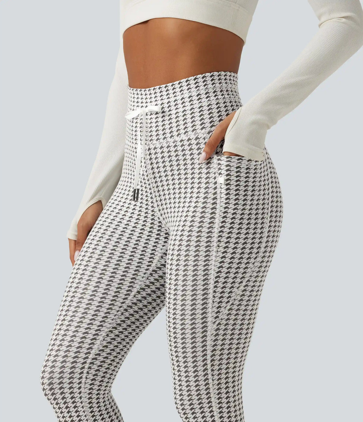 High Waisted Drawstring Houndstooth Yoga Leggings with Pockets