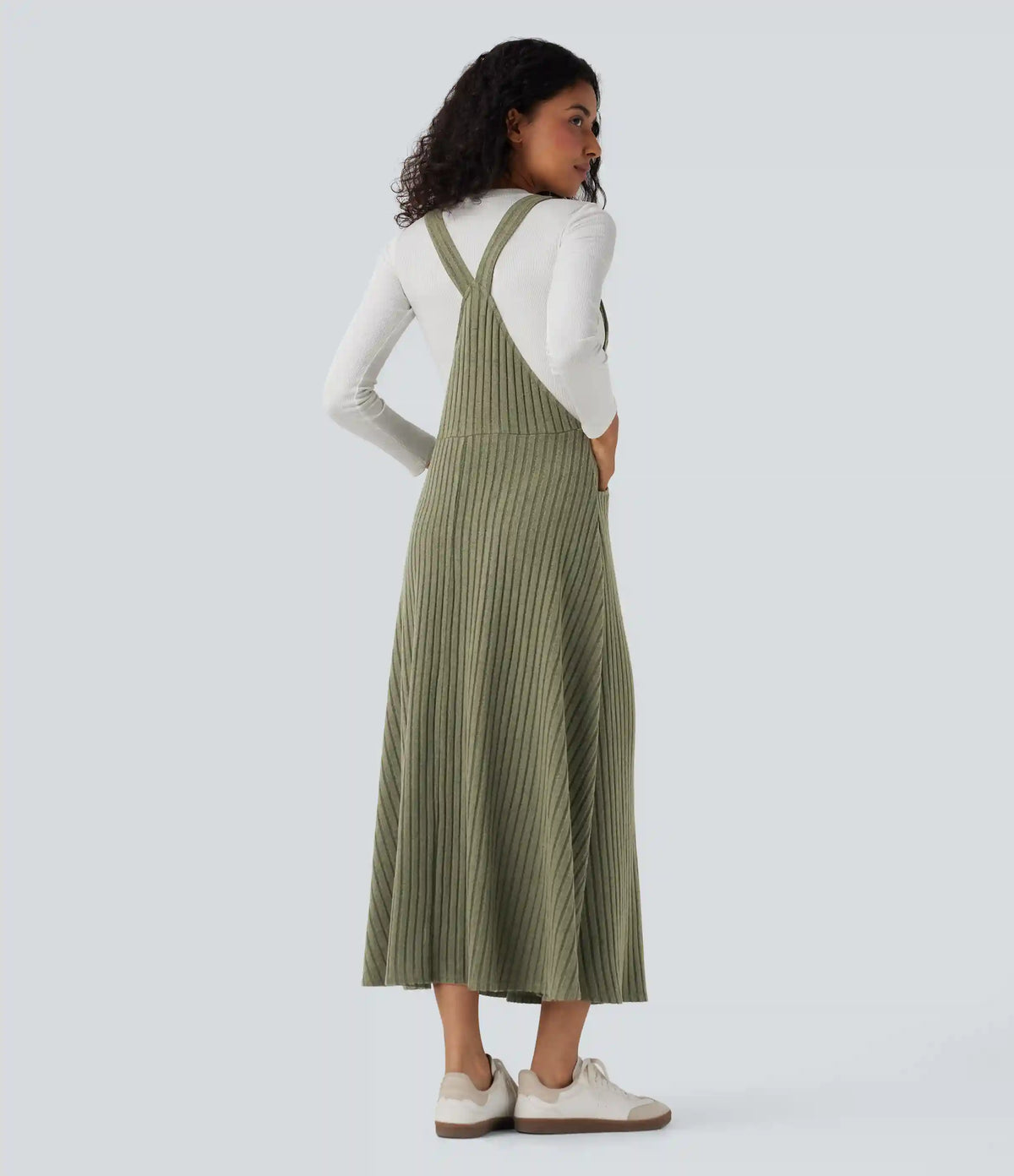 Ribbed Knit Casual Pinafore Dress with Pockets