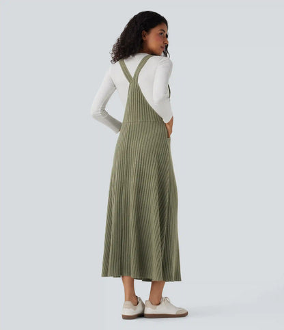 Ribbed Knit Casual Pinafore Dress with Pockets