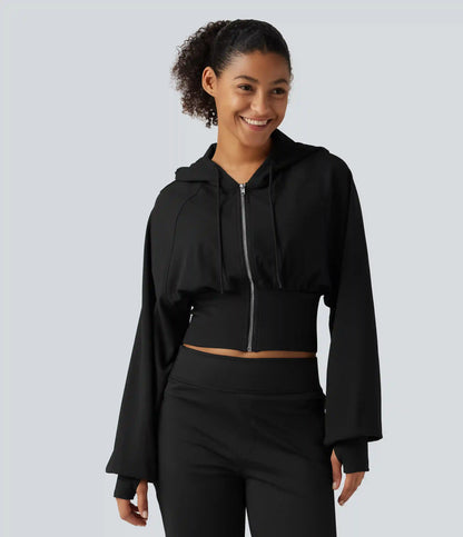 Hooded Raglan Sleeve Cropped Yoga Jacket with Hidden Pocket and Thumb Holes