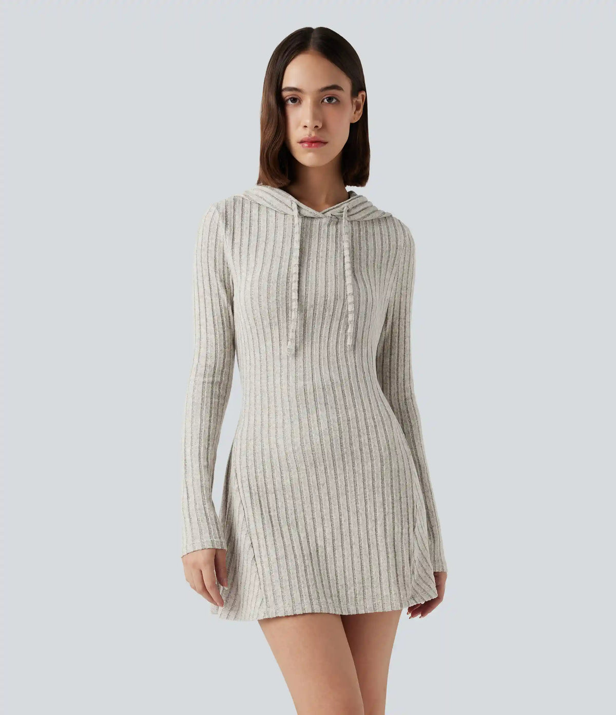 Ribbed Knit Hooded Drawstring Long Sleeve Mini Casual Dress