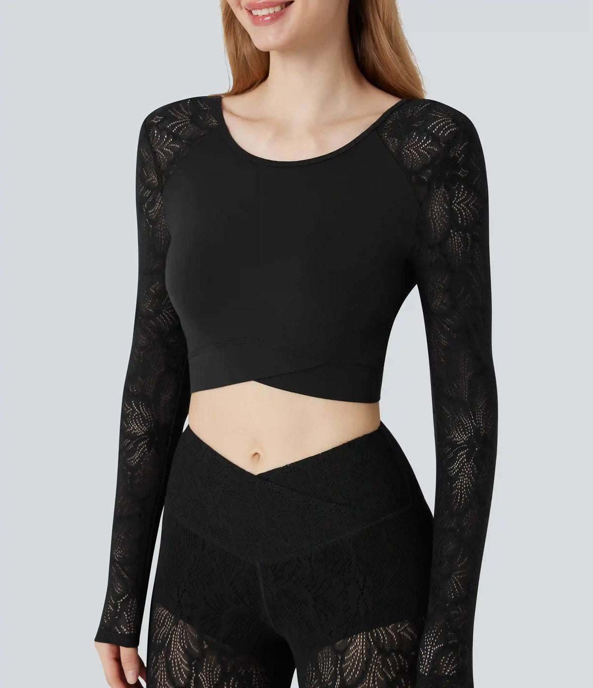 SoftlyZero™ Contrast Lace Crossover Hem Long Sleeve Cropped Yoga Sports Top