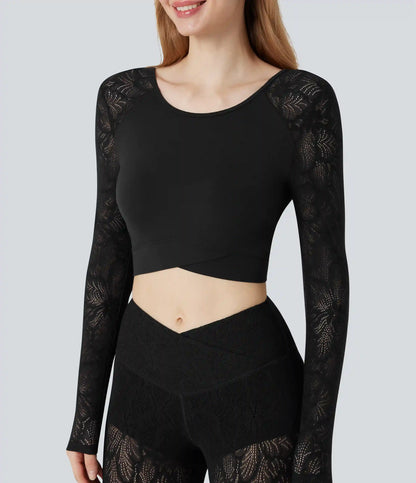 SoftlyZero™ Contrast Lace Crossover Hem Long Sleeve Cropped Yoga Sports Top