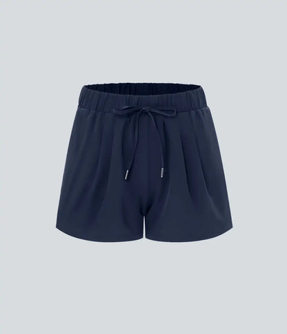 High Waisted Elastic Waistband Drawstring Pleated Yoga Shorts 3" with Pockets