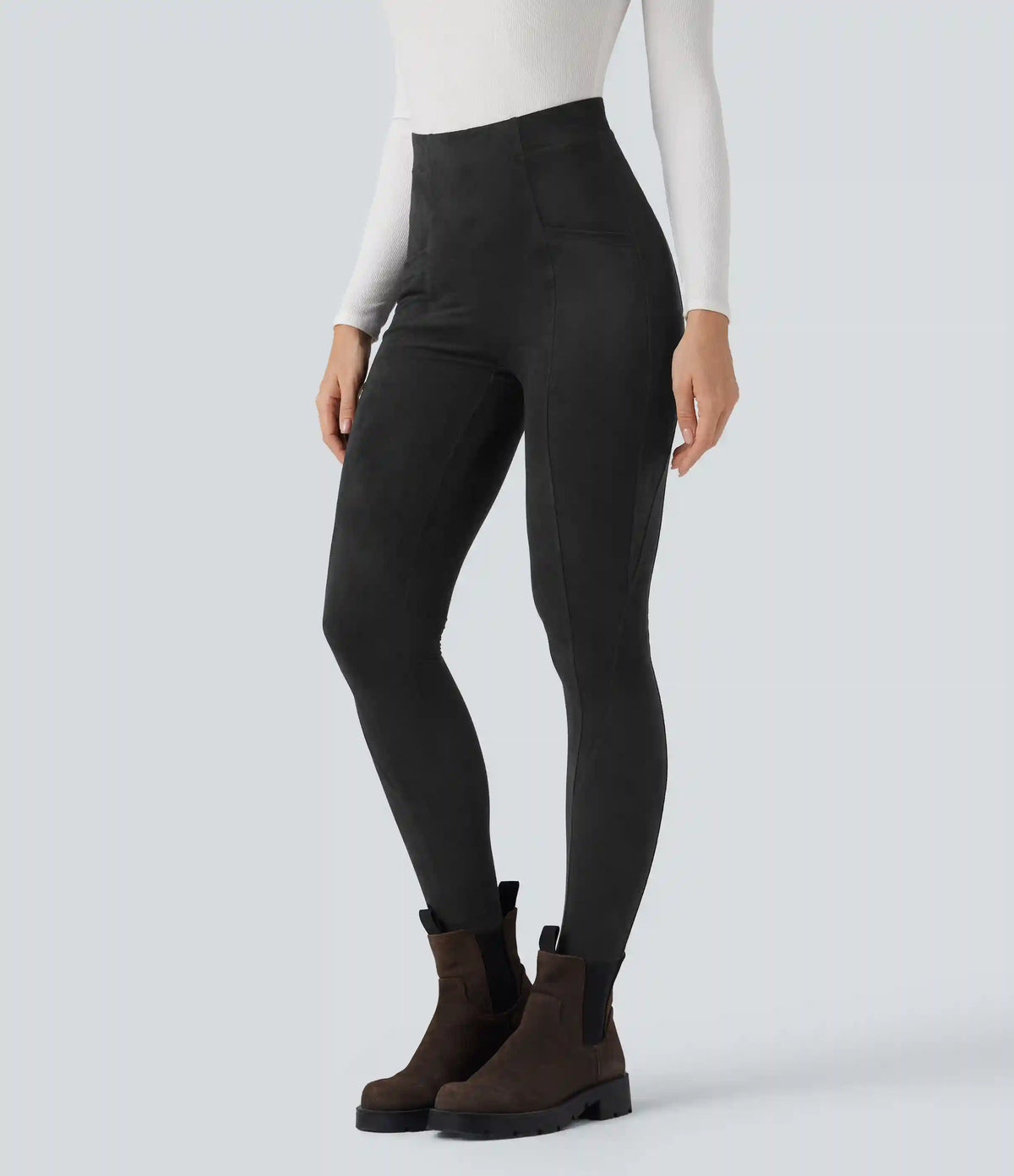 High Waisted Tummy Control Suede 7/8 Casual Leggings with Pockets