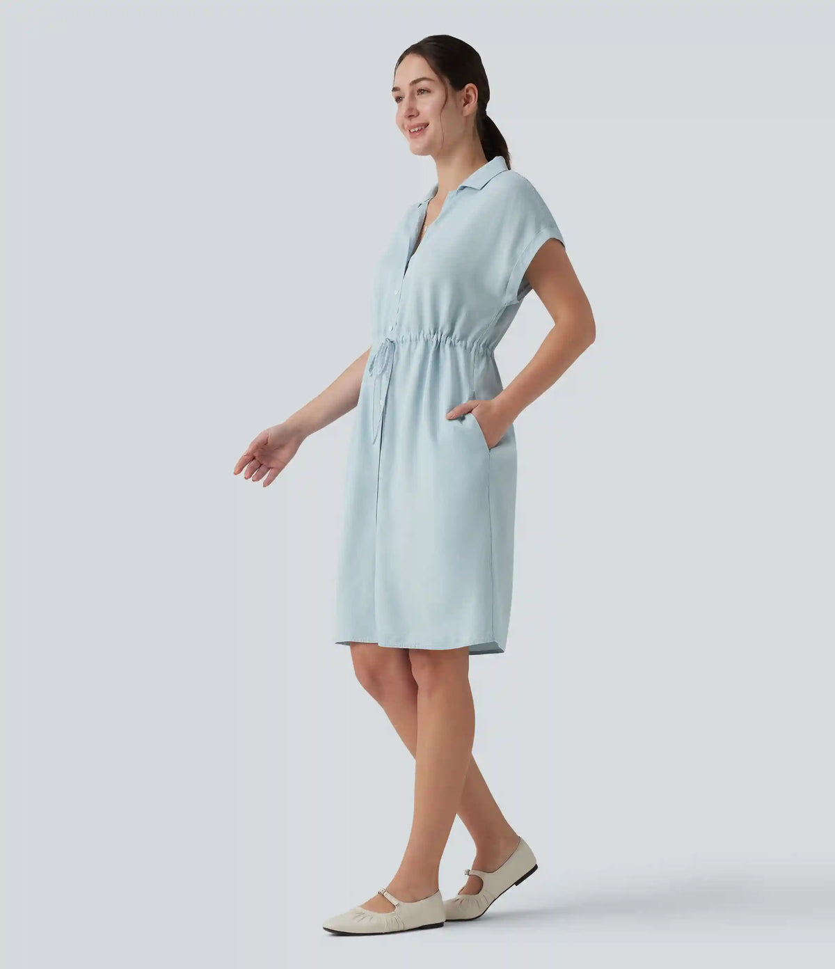 Collared Drawstring Button Fly Draped Casual Denim Shirt Dress with Pockets