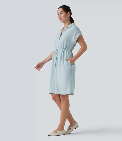 Collared Drawstring Button Fly Draped Casual Denim Shirt Dress with Pockets