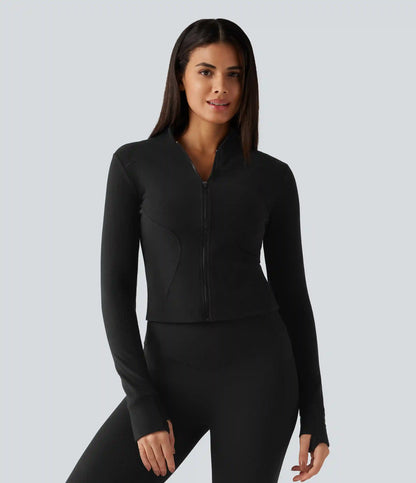 Stand Collar Long Sleeve Thumb Hole Yoga Jacket with Pockets