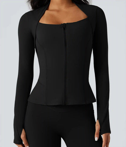 Halara UltraSculpt™ Push-Up Long Sleeve Thumb Hole Zipper Ruffle Hem Yoga Curvy Jacket