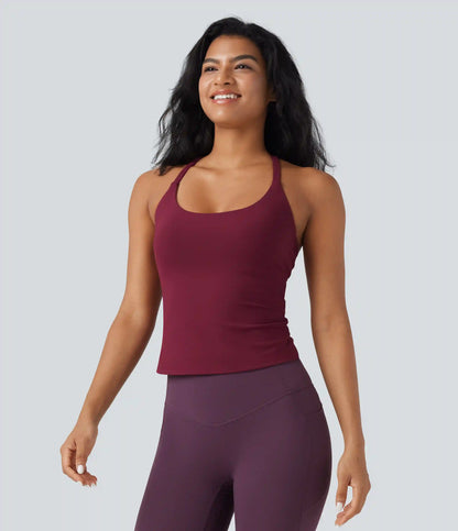 Scoop Neck Crisscross Back Crossover Hem Yoga Cami Top