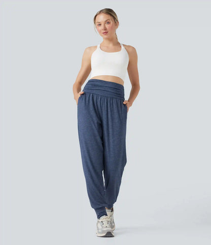 High Waisted Ruched Heathered Yoga Joggers with Pockets