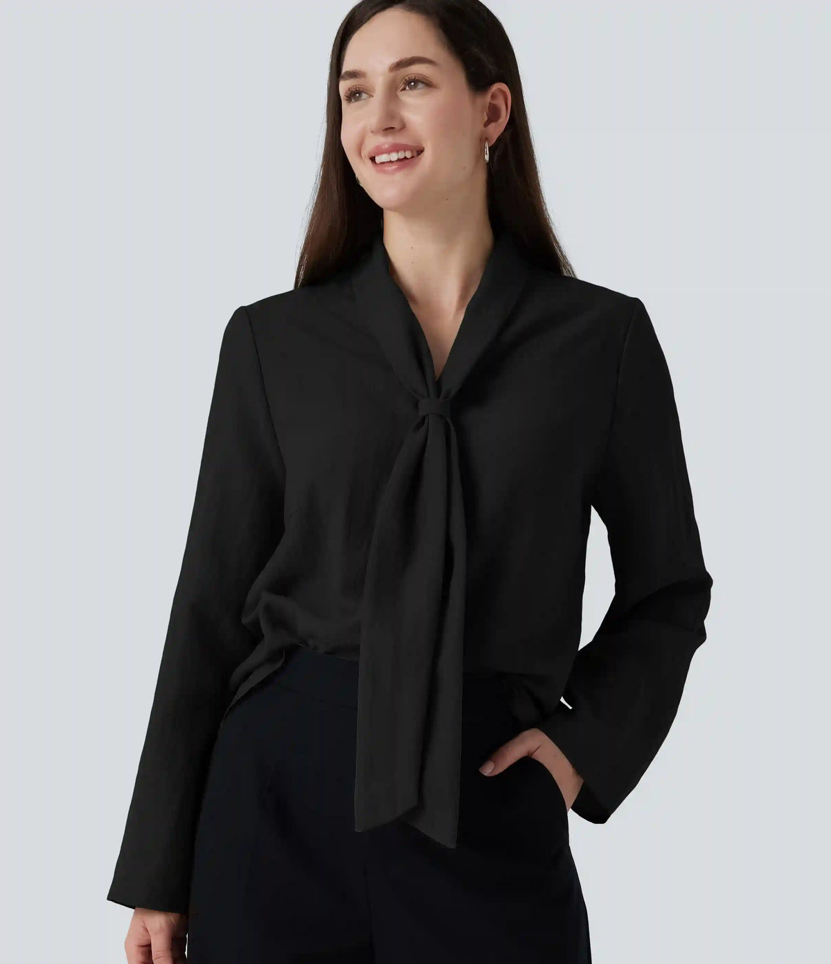 V Neck Long Sleeve Linen-Feel Work Tie Blouse
