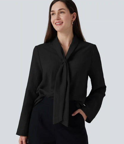 V Neck Long Sleeve Linen-Feel Work Tie Blouse