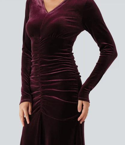 V Neck Long Sleeve Ruched Bodycon Velvet Party Maxi Dress