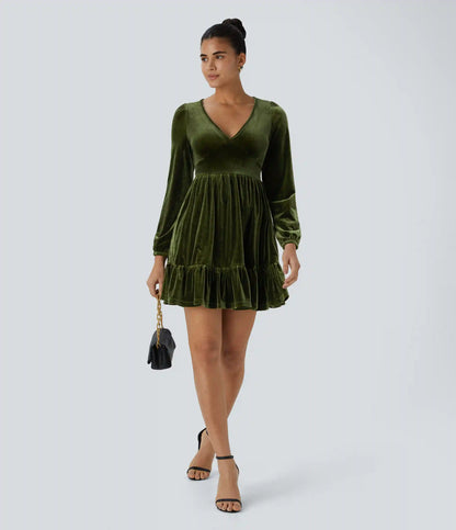 Everyday Deep V Neck Long Sleeve Ruffled Hem Velvet Mini Chill Dress