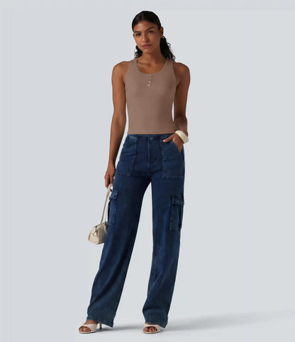 Ribbed Knit Round Neck Built-in Bra Casual Tank Top